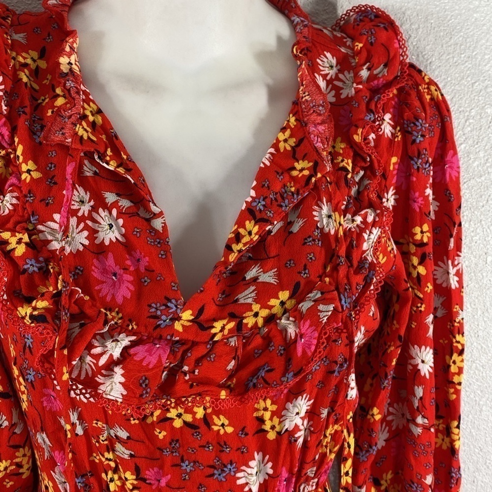 Oliver Bonas Floral Print & Frilled Bib Trim Red Midi Dress 2 EE29 - Picture 11 of 16
